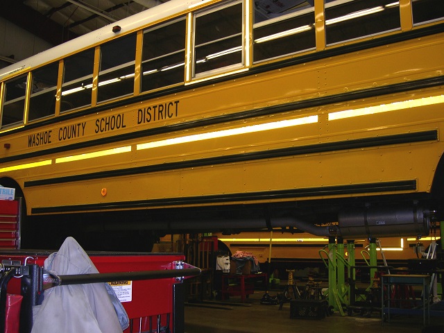 A Diesel Oxidation Catalyst System has replaced the muffler on this Washoe County school bus's exhaust system.