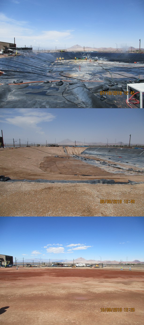 Closure of the AP-5 pond included several steps. The top photo shows removal of residual liquids from the AP-5 pond. The middle photo shows the AP-5 pond with more than 50% of its primary liner removed. The bottom photo shows the former location of the AP-5 pond after backfilling.