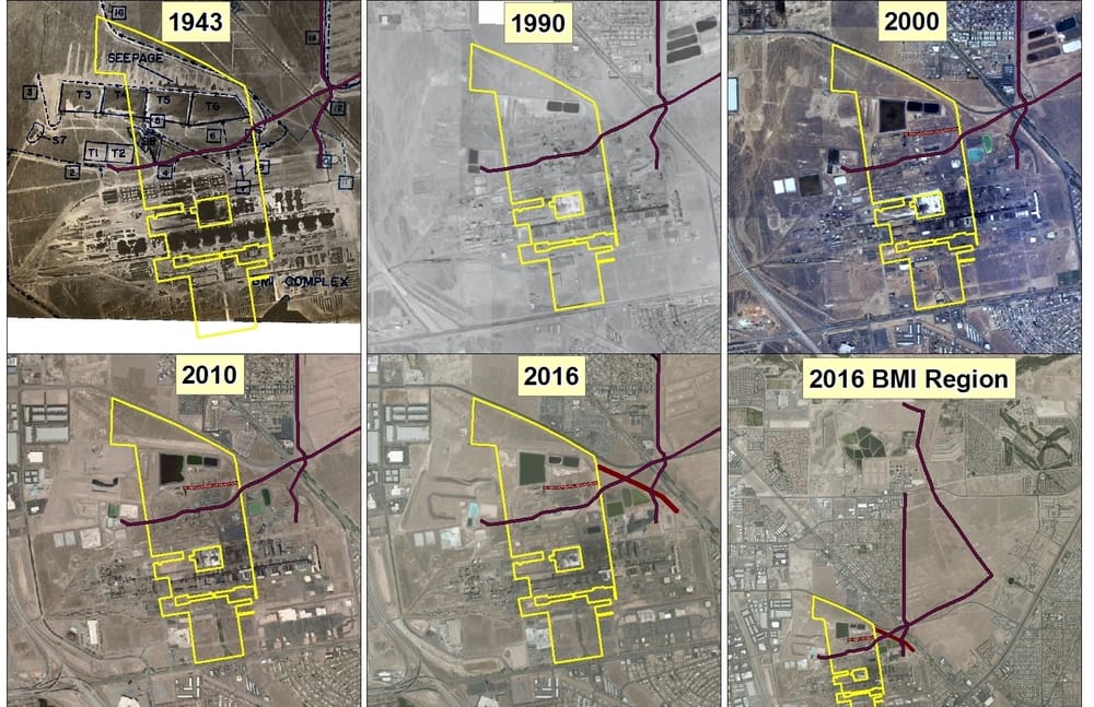Aerial view of the NERT property through the years (1943, 1990, 2000, 2010, 2016).