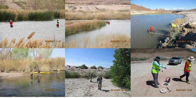 Upper Left: February 2017 AECOM field team sampling Las Vegas Wash.  Upper Middle: February 2017 AECOM field team canoeing to sample location in Las Vegas Wash.  Upper Right: January 2017 AECOM field team with stream gauging station.  Lower Left:  February 2017 AECOM field team measuring water quality parameters in Las Vegas Wash.  Lower Middle: February 2017 AECOM biologists during biological survey.  Lower Right: May 2017 AECOM field team installing transducer inside flush mount groundwater well.