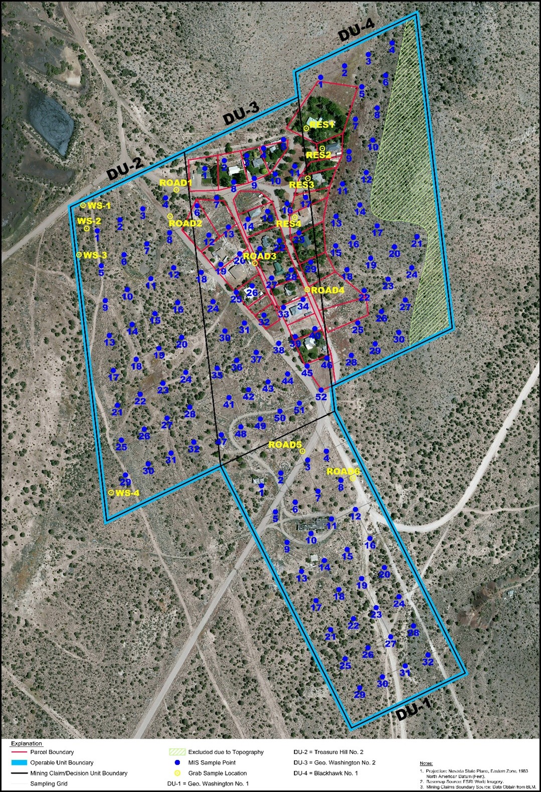Map of Operable Unit 2 (OU2) surface soil sampling grid which resulted in the determination that no cleanup was warranted and cleared the way for transfer of land beneath homes to individual property owners or Lincoln County; Caselton Heights, Lincoln County, Nevada.