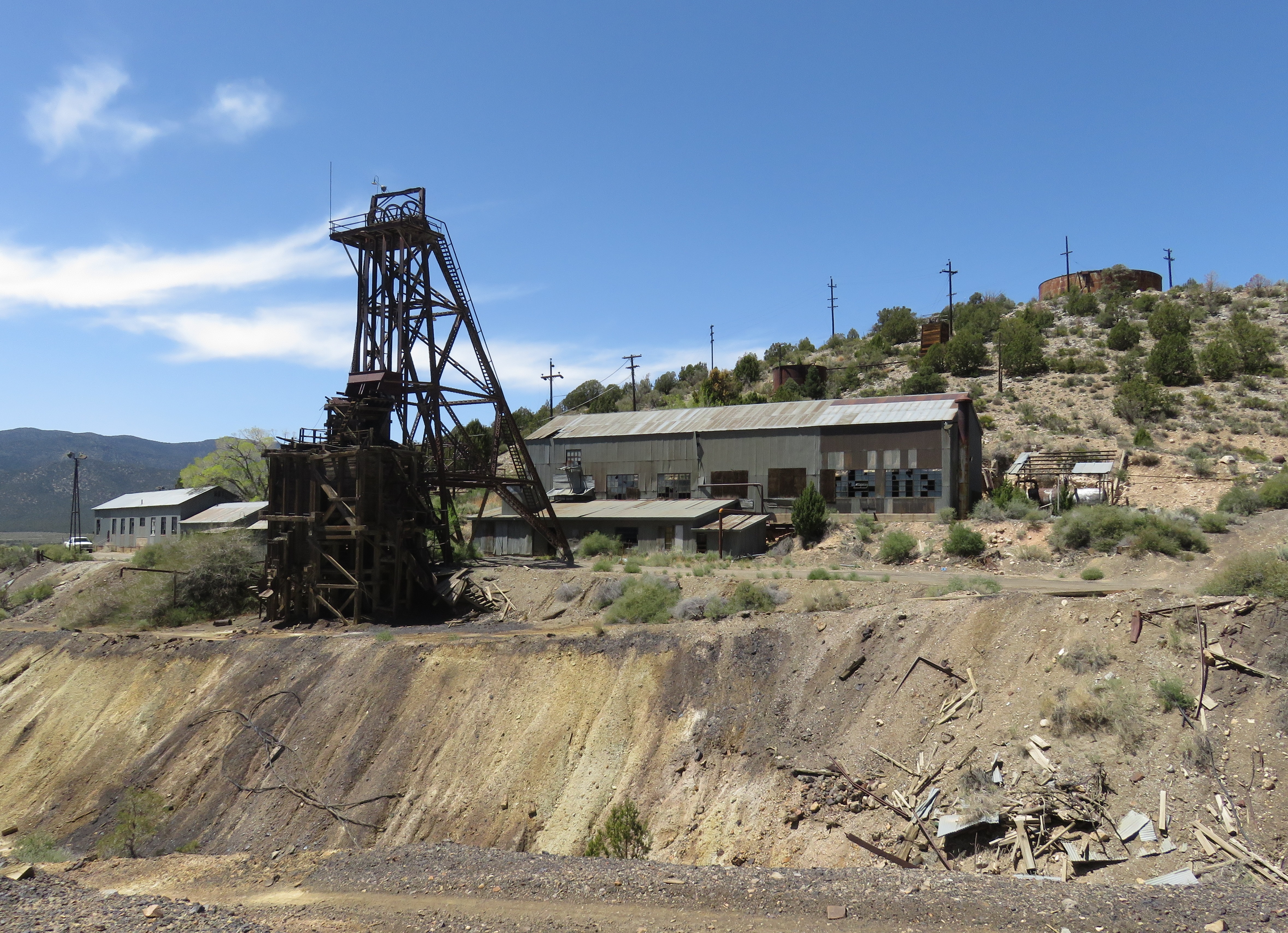 Photo of headframe and hoist building at abandoned mine site near Pioche, Lincoln County, Nevada. 