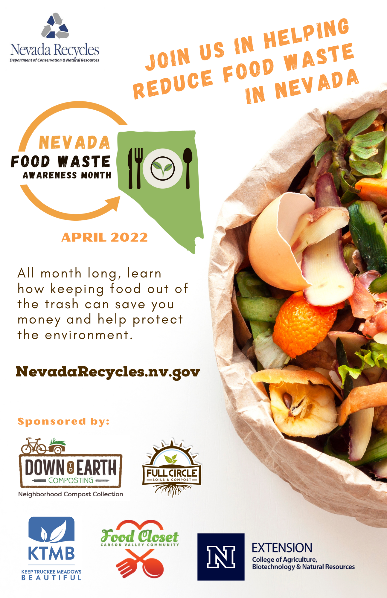 Flyer for Nevada Food Waste Awareness Month for April 2022. Sign up on Nevada Recycles website